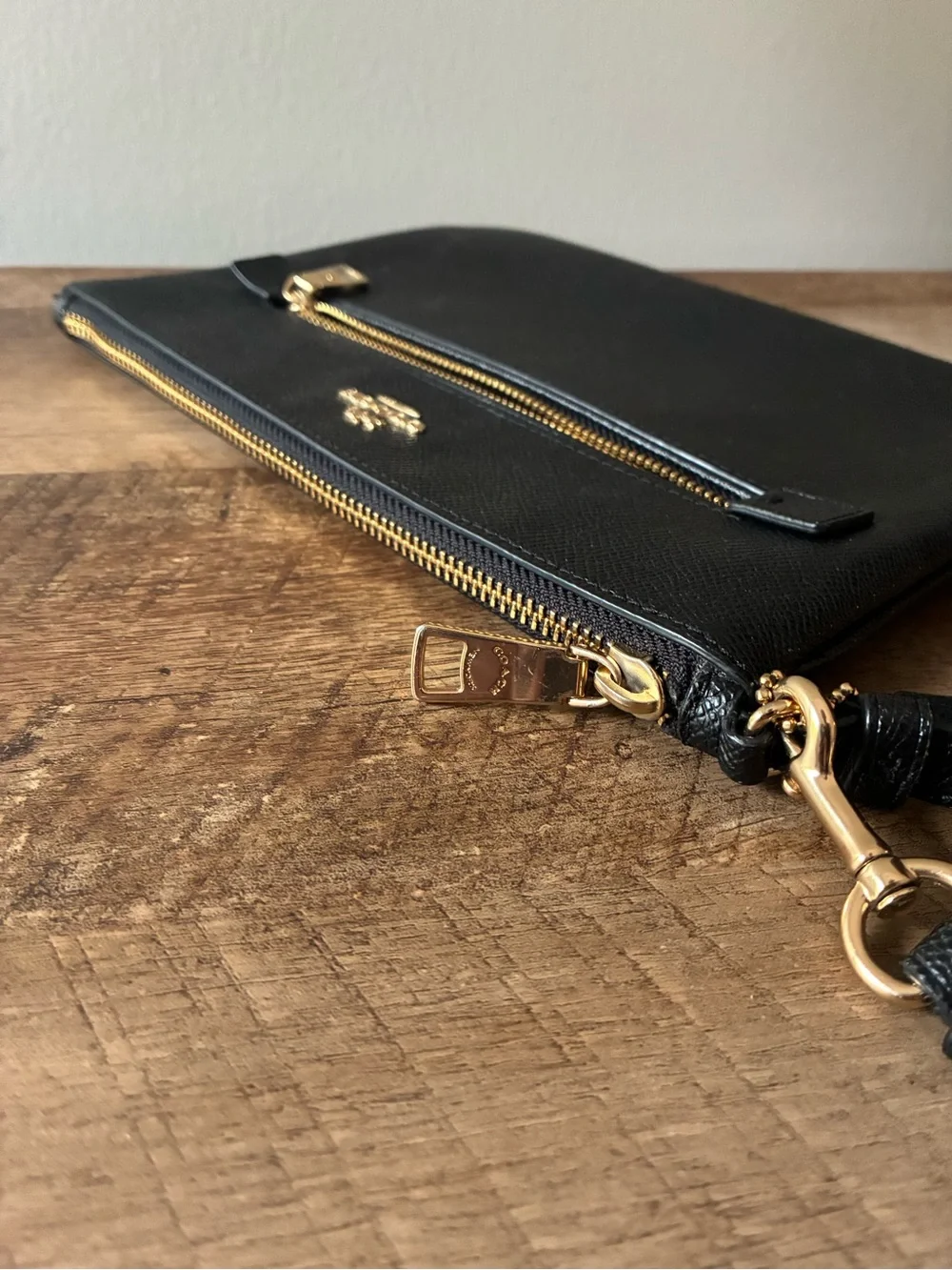 Coach Black Leather Wristlet with Gold Hardware